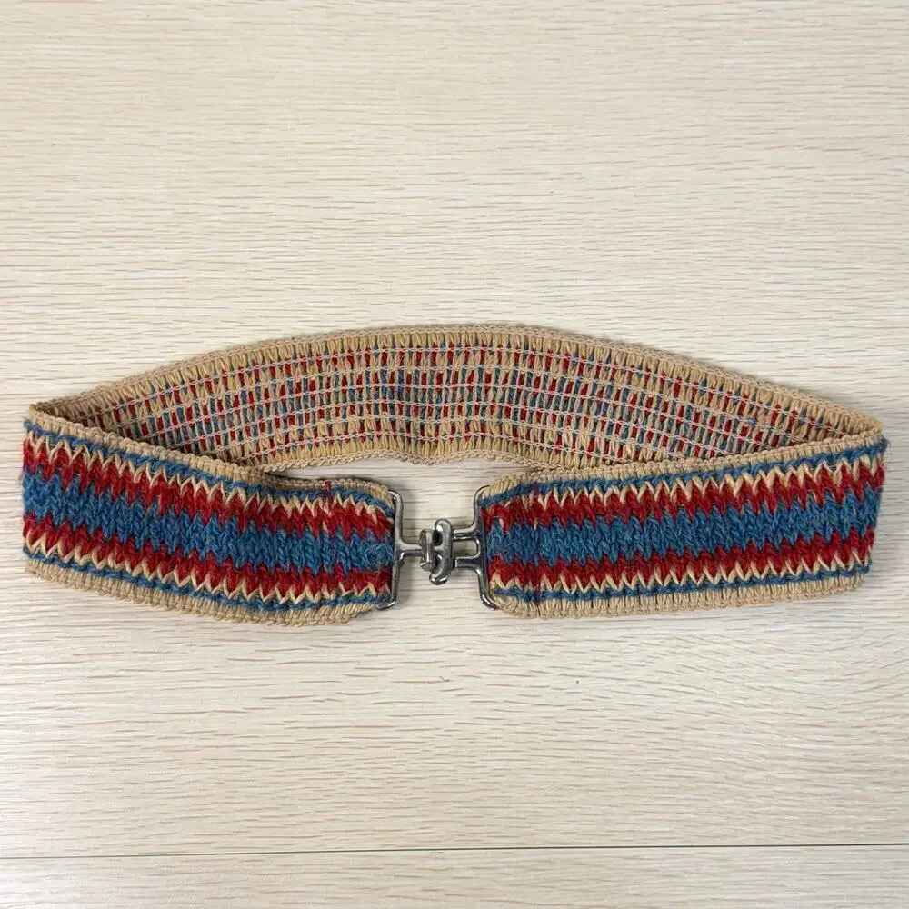 Vintage 70s Woven Chevron Stretch Belt Hippie Boho Coastal Cowgirl Retro XS S M
